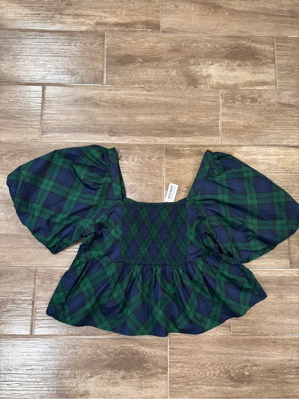 Old Navy & Green Plaid Puff-Sleeve Peplum Top Holiday Festive Sz XL Christmas